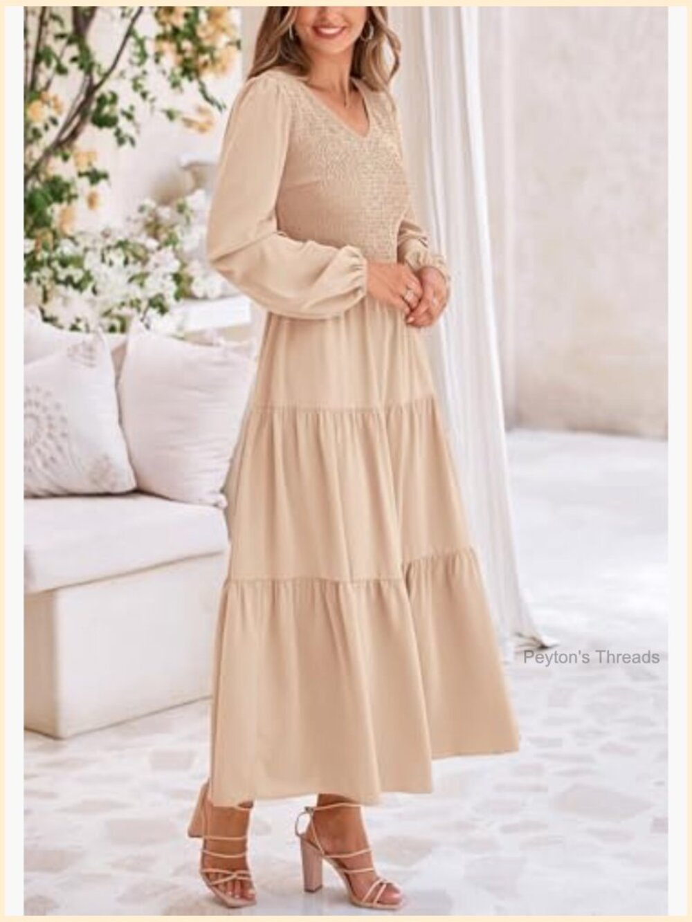 Fall Long Sleeve V Neck Smocked A Line Maxi Dress Wedding Guest - Picture 3 of 7